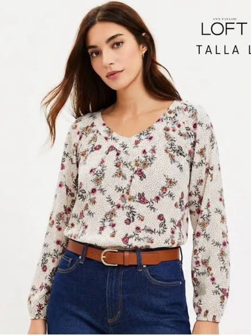 LOFT Floral V-Neck Long Sleeve Top in Ivory with Pink Accent NEW Size M